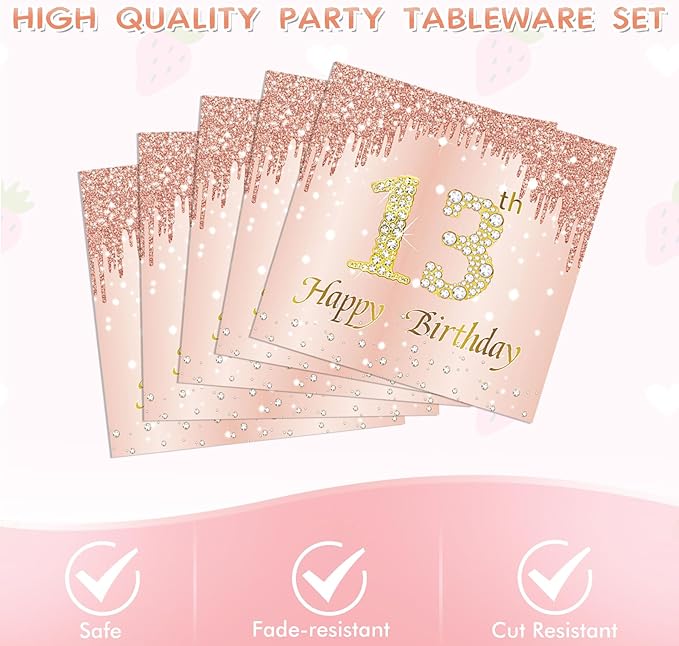 41PCS 13th Birthday Decorations Rose Gold Theme 13 Year Old Girl Birthday Decorations Including Happy Birthday Plates Napkins Tablecloth for Official Teenager 13th Birthday Party