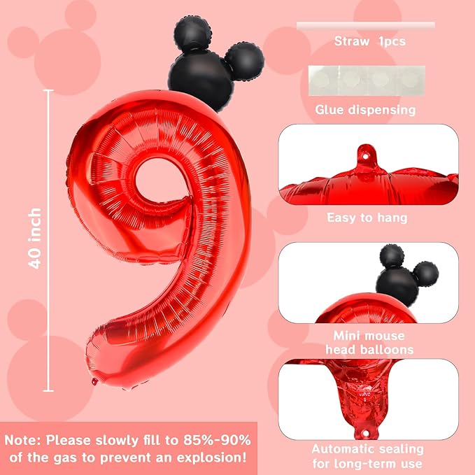 Mouse Number 9 Balloon 40 Inch Red Number 9 Balloon Mini Mouse Head Balloons Large Black Red Numeral Balloons for 9th Themed Birthday Baby Shower Decoration