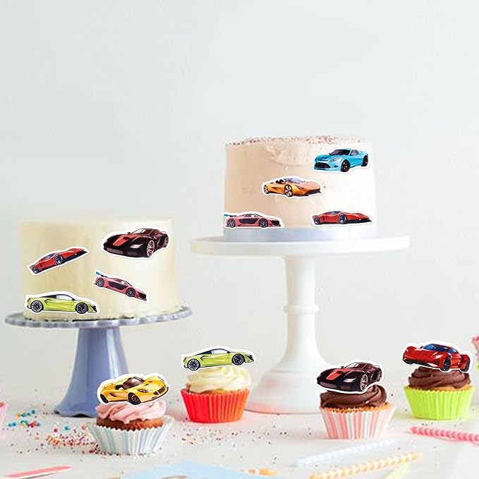 45PCS Edible Wafer Paper Race Car Cupcake Toppers Car Party Decoration Drink Topper Birthday Party Supplies Car Themed Party Boys and Girls' Birthday Party Cake Decoration