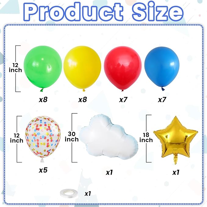 Red Yellow Blue Balloons, 12 Inch Red Yellow Blue Green Confetti Balloons with Cloud and Star Foil Balloon for Birthday Baby Shower Carnival Circus Party Decoration