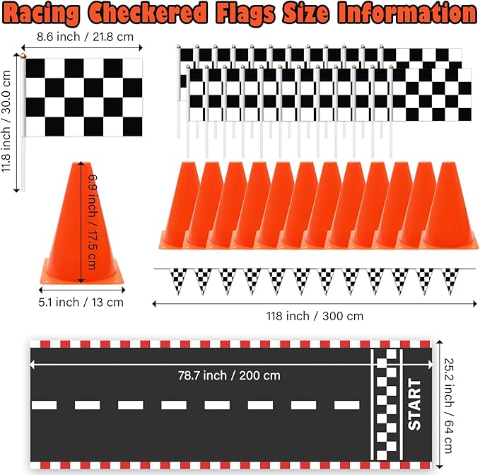 Windspeed Race Car Party Supplies, 38 Pcs Set: 24 Checkered Flags, 12 Mini Traffic Cones, 6.5Ft Racetrack Mat, 9.8Ft Hanging Flag, Birthday Decorations