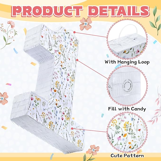 Wildflower Number Pinata Birthday Decorations Spring Floral Pinata with Stick Blindfold Confetti for Birthday Party Supplies Baby Shower Decor (Number 1)