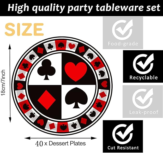40 Pcs Casino Party Supplies - 7" Poker Paper Plates for Casino Night, Las Vegas Birthday Party Decorations