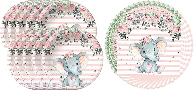 Elephant Baby Shower, Pink Elephant Birthday Party Supplies, 20 Plates and 20 Napkins, Elephant Theme Birthday Party Decoration for Girl
