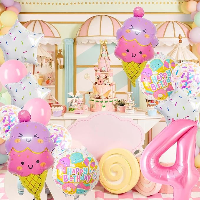 Pink Ice Cream Balloons, Number 4 Balloon, 4 Year Old Birthday Decorations, Ice Cream Balloon for Girls Birthday Party Decoration (4)