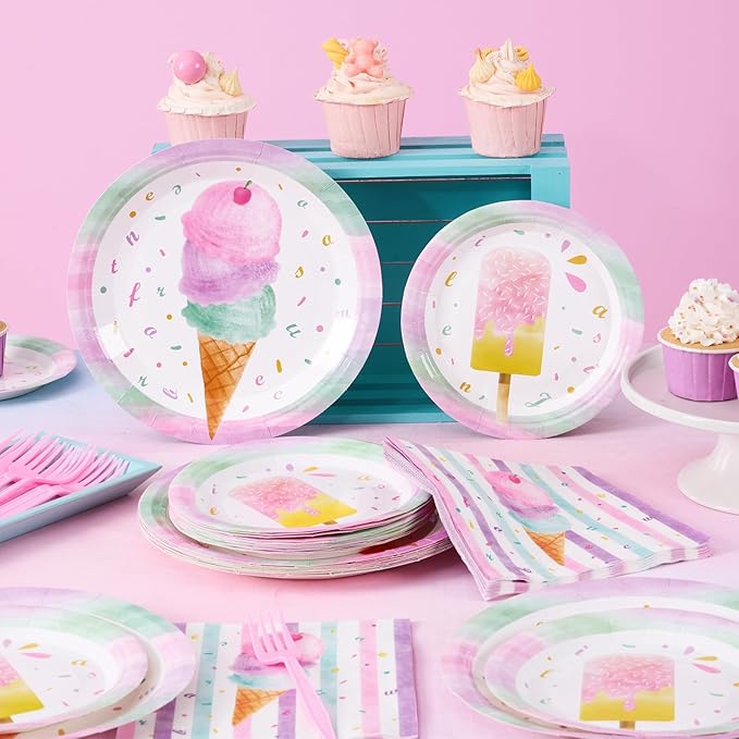 WERNNSAI Ice Cream Party Decorations - 200 PCS Ice Cream Plates Napkins Forks Pink Sweet Themed Birthday Supplies for Kids Girls Birthday Pool Summer Party Serves 50 Guests