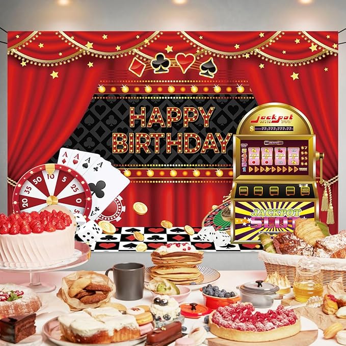 Casino Happy Birthday Backdrop Decorations Banner Luxurious Las Vegas Casino Night Photo Background for Home Indoor Outdoor Birthday Party Decorations Supplies 70.8 x 47.2 Inch