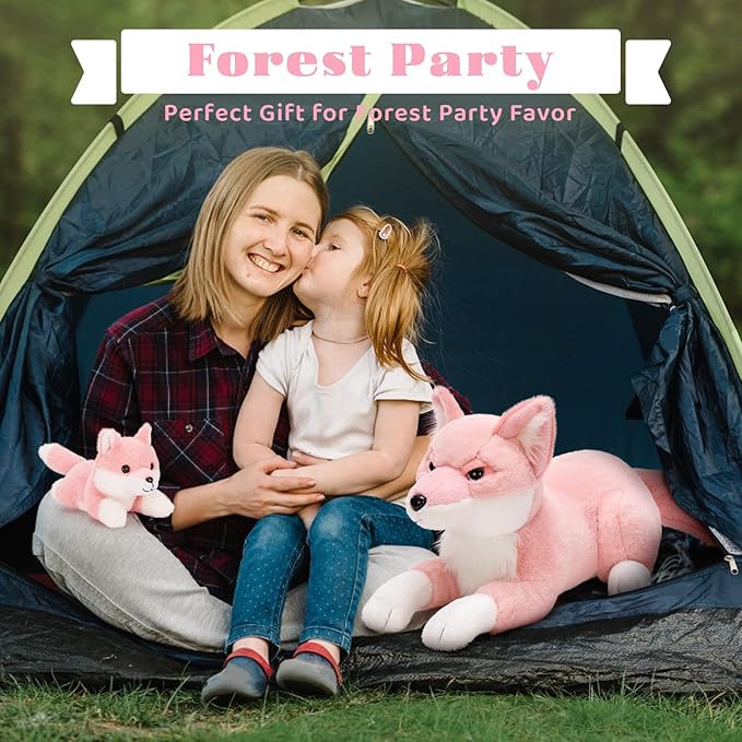 4Pcs Fox Stuffed Animal Set, Large Mommy Pink Fox Plush 22 Inch with 3 Baby Foxes in Her Zippered Tummy, Stuffed Fox Plushie Toy for Girls and Kids