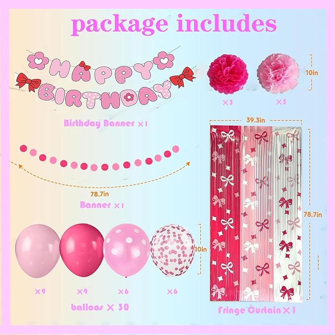 Kitty Birthday Party Decorations, Pink Bow Theme Birthday Party Supplies with Banner, Balloons, Foil Fringe Curtains, Paper Garland Pull Flower, Tissue Paper Pom Poms