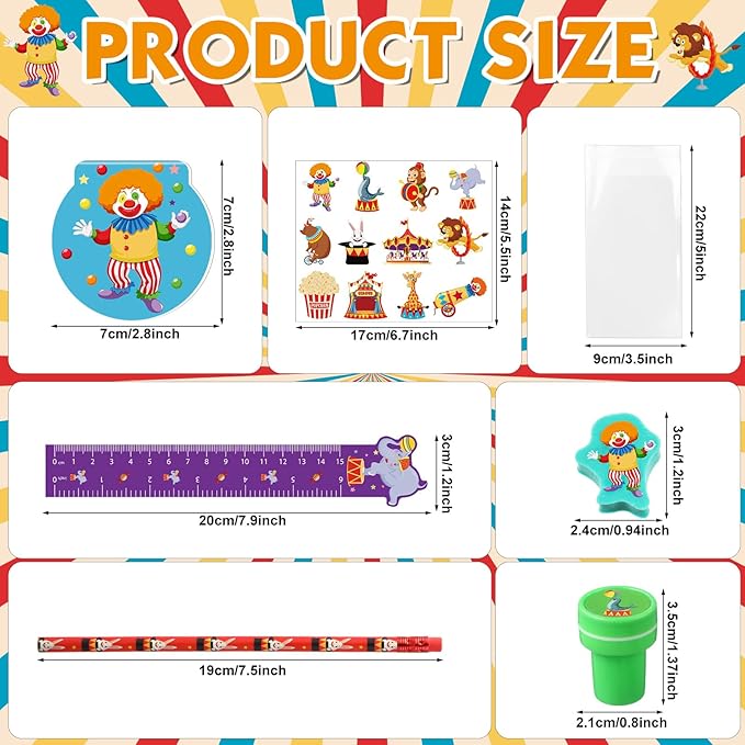 Cholemy 168 Pcs Circus Party Favors Carnival Party Supplies Circus Animal Stationery Set Notebook Sticker Stamper Eraser Ruler Pencil Bag for Carnival Baby Shower Birthday Gift Classroom Prize
