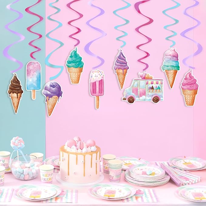 WERNNSAI 18PCS Ice Cream Hanging Swirls Party Decorations Summer Ceiling Streamers Decor Sweet Ice Cream Party Swirls Supplies for Girls Birthday Baby Shower