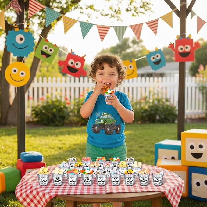 24 Set Street Theme Party Supplies Cartoon Party Mini Buckets with Go Away Stickers Funny Treat Pails Cookie Candy Holders Street Birthday Decors for Birthday Baby Shower Classroom Favors
