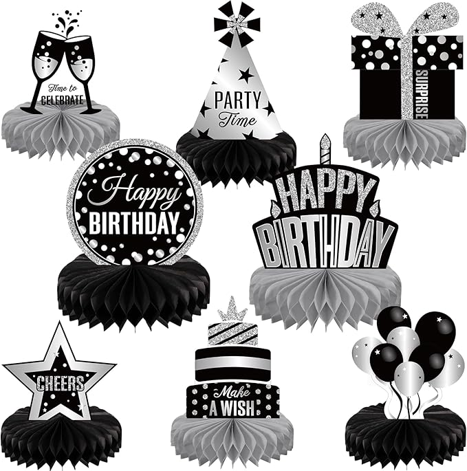 Pajean 8 Pieces Sliver and Black Birthday Party Honeycomb Centerpieces Sliver Black Table Centerpieces Decorations Table Centerpiece Sign for Kids Adults Party Supplies