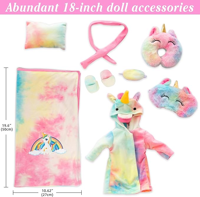 American 18 inch Doll Clothes and Sleeping Bag Set - Rainbow Unicorn Doll Costume with Unicorn Style Sleeping Bag, Pillow, Eye Mask Slumber Party Accessories Fits 18 Inch (NO Dolls)