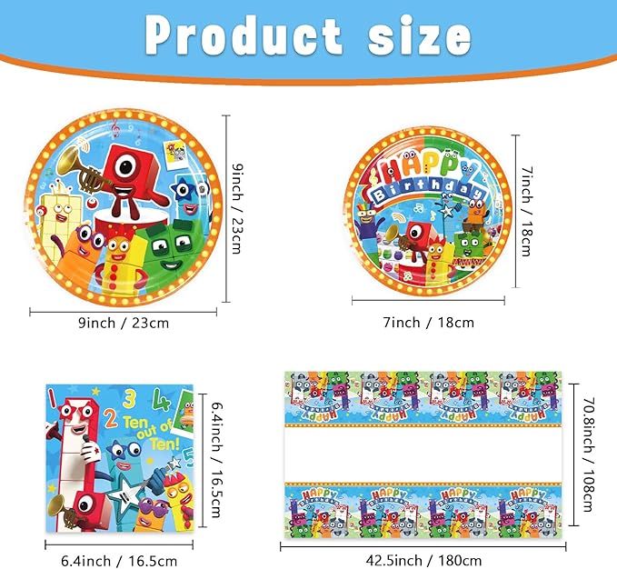 Number Blocks Party Supplies 41Pack include 20 plates, 20 napkins 1 tablecloth for birthday party Decoration (Block)