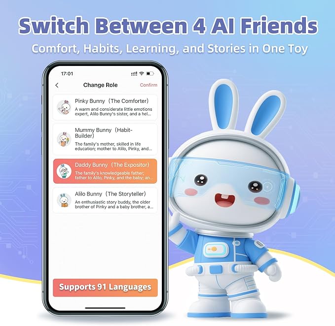 alilo AI Toys for Kids, Smart Companion with Real-Time Voice, 4 Agents & 91 Languages, Preloaded 48 Bunny English/50 Stories/66 Music/28 Lullabies/34 Classical Tunes, Bluetooth Speaker