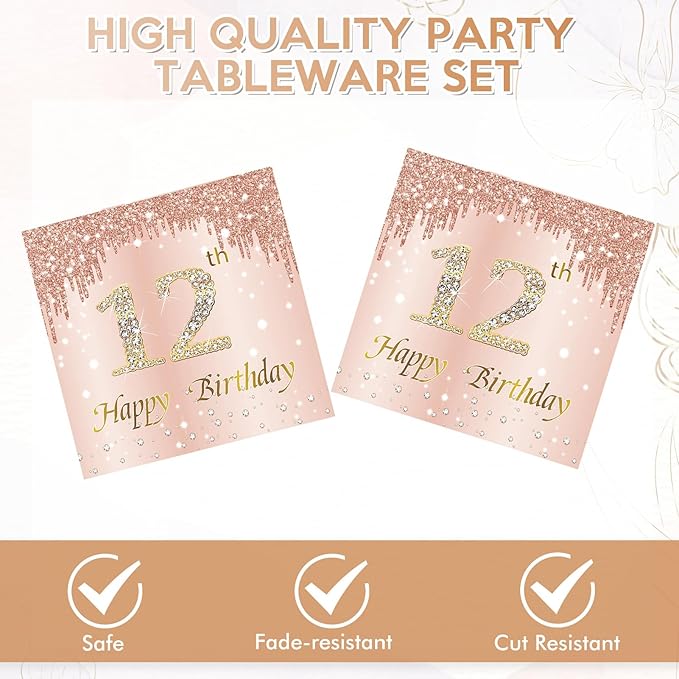 40Pcs 12th Birthday Decorations for Girls Rose Gold 12th Birthday Party Plates and Napkins Happy 12 Years Party Theme Tableware Disposable 7'' Paper Plates, Napkins for Her,Girls Teen Party Supplies