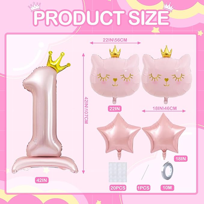 Pink Cat Balloon Set,1 Year Old Girl Birthday Party Decoration, Crown Cat Foil Balloon, Cat Theme Decoration, Theme Party Supplies for Girls Kitten (1)