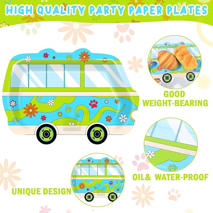 50PCS Mysterious Car Dog Birthday Party Decorations Mystery Car Theme Paper Plates for Kids Hippie Bus Disposable Dinner Dessert Plates Daisy Cartoon Dog Paw Dinnerware Baby Shower Party Supplies