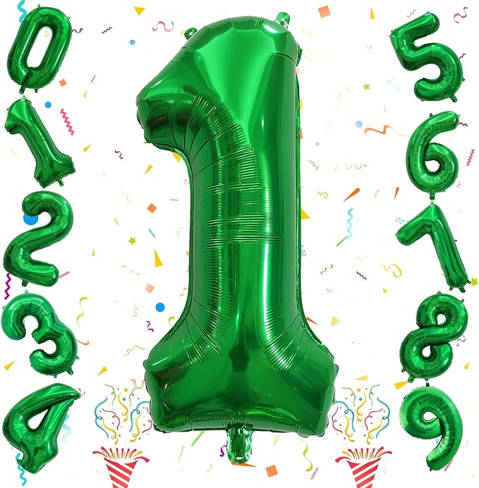 40 Inch Emerald Green 1 Balloon Number, 0-9 Set Large Number Foil Helium Balloons for Kids, Dark Green Balloons for Boys Girls 1st Birthday Party Baby Shower Anniversary Jungle Decoration Supplies