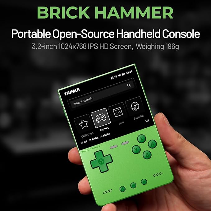 Trimui Brick Hammer Metal Body Handheld Game Console Retro Gaming Handheld 3000mah Battery Allwinner A133p 3.2" IPS RGB Lighting Vibration Green-64G