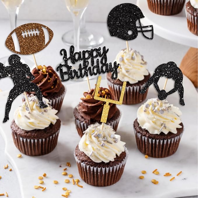 36PC Football Cupcake Toppers for Birthday,Glitter Football Cake Toppers for Boys Birthday Party Decorations Supplies