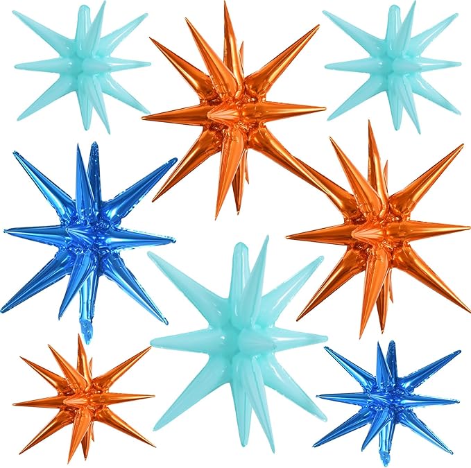 TONIFUL 8 Pcs Blue Orange Foil Balloons Large Star Balloons Explosion Star Mylar Balloons for Party Backdrop Christmas New Year Birthday Wedding Baby Shower Anniversary Photo Booth Supplies
