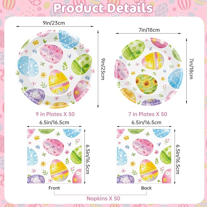 150 Pack Happy Easter Plates and Napkins Sets - Disposable Spring Paper Plates Napkins Dinnerware, Watercolor Easters Eggs Dessert Dinner Plate for Easter Party Supplies Table Decorations, Serve 50