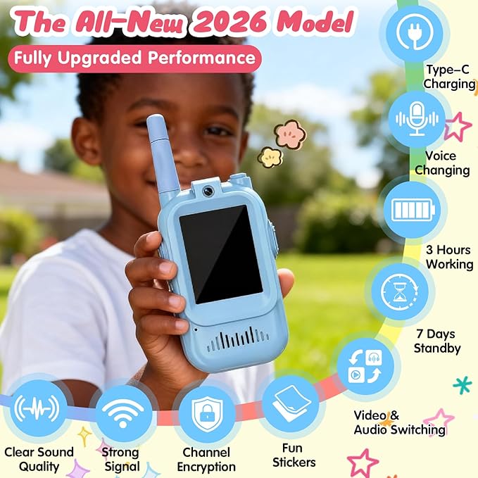 Video Walkie Talkies for Kids 2 PCS, Long Range Kids Walkie Talkies, Rechargeable Video Call Toys for Indoor Camping Hiking Travel, Christmas Birthday Boys Girls Age 3-5 (Blue/Pink)