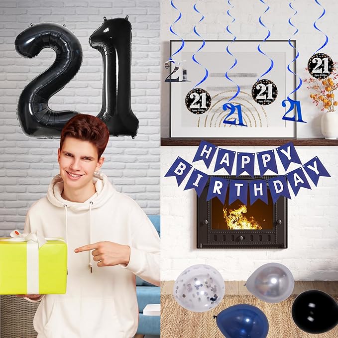 21st Birthday Decorations for Him Her Dark Blue, Happy 21st Birthday Decorations for Men Women with Banner 21 Balloon Number Tablecloth Foil Star Balloons Garland Arch Kit-21 Years Old Party Supplies