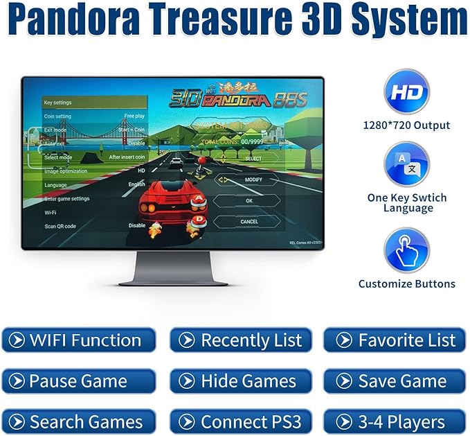 36800 Games 3D Pandora Box 88S Pro Arcade Game Console,WiFi Function Video Game Machine,1280x720 HD Output,Search/Save/Hide/Pause Games,Support 4 Players,Splited Joysticks