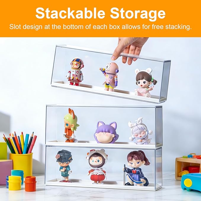 2 Pack Clear Acrylic Figures Display Case Stackable Box with Base, Dustproof Protector for Anime Figurine, Collectibles, Funko Pop, Model Cars - Home Office Display Showcase