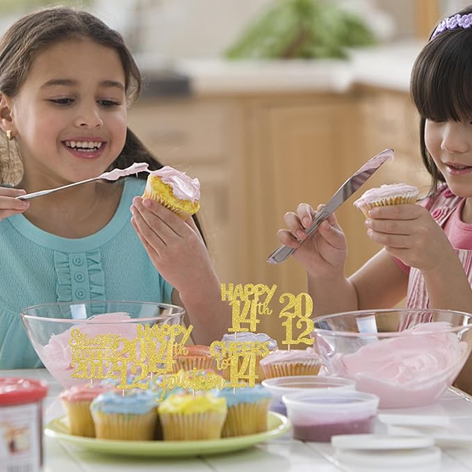 30PCS Straight Outta 2012 Cupcake Toppers Gold Glitter Fourteen Happy 14th Birthday Cupcake Picks Cheers to 14 Years Cake Decorations for 14th Birthday Anniversary Party Decoration Supplies