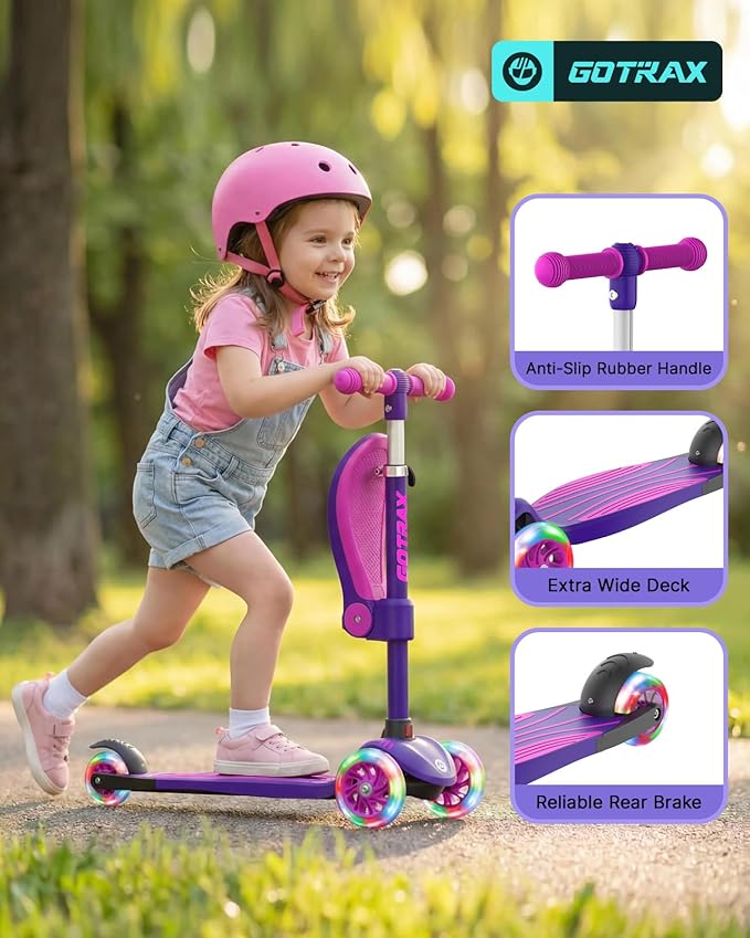 Gotrax KS3 Kids Kick Scooter, LED Lighted Wheels, Adjustable Height Handlebars and Removable Seat, Lean-to-Steer & Widen Anti-Slip Deck, 3 Wheel Scooter for Kids Ages 2-8 and up to 110 Lbs