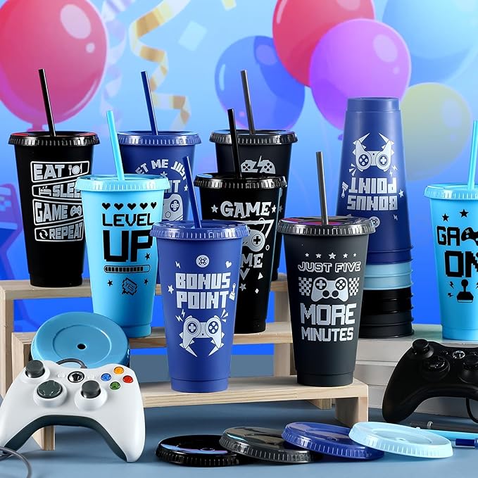 16 Pcs Video Game Plastic Cups Gaming Party Favor with Lids and Straws 24 oz Gamer Reusable Tumbler Water Mug for Fun Video Birthday Party Supplies for Adults (Gray Light Blue Black Dark Blue)