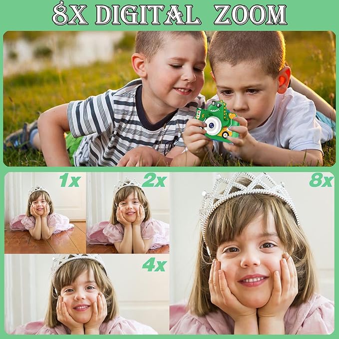 Kids Digital Camera, 1080P HD Video Camera for Toddlers with 32GB SD Card, Dinosaur Protective Case, Card Reader, Fun Selfie Toy Camera for Ages 3-12, Christmas/Birthday Gift for Boys & Girls (Green1)