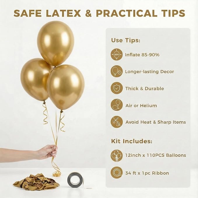 LovesTown 110PCS Gold Balloons, Gold Latex Balloon for Birthday Baby Shower Graduation Engagement Anniversary Wedding Party Supplies Garland Arch Retirement Tea Casino Disco Decoration,12 Inches