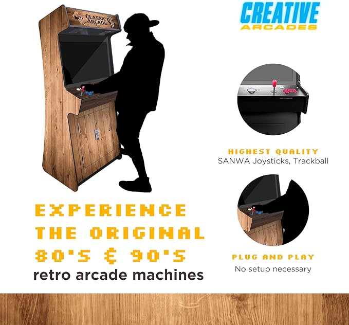 Creative Arcades Full Size Stand-Up Commercial Grade Arcade Machines | 2 Player | 3500 Games | 32" LCD Screen | 2 Sanwa Joysticks | Trackball | Woodgrain | 2 Stools Included | 3 Year Warranty