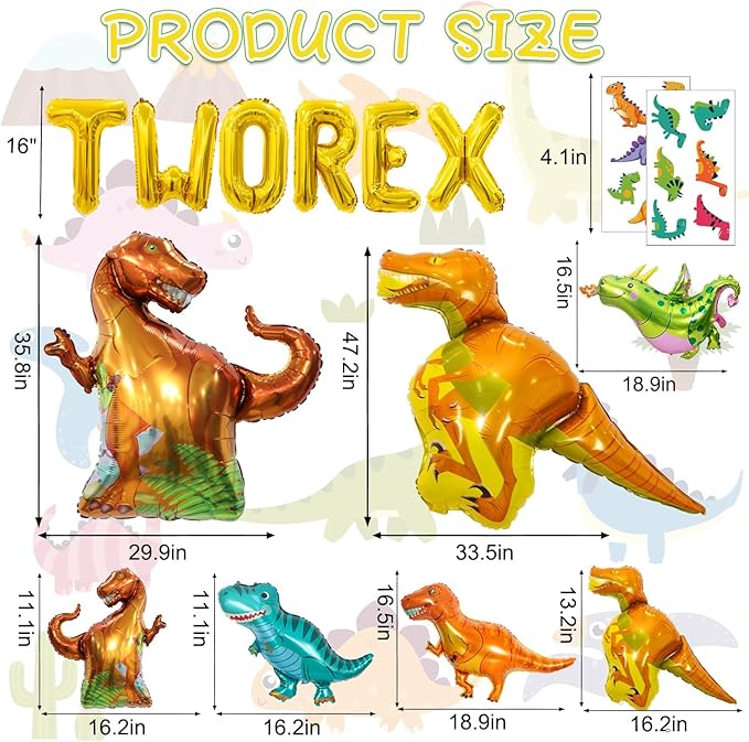 16Pcs Two Rex Balloons, Two Rex Birthday Party Decorations Boy Dinosaur 2rd Birthday Party Supplies Include Dinosaur Foil Balloons Tattoo Stickers for 2 Years Old Birthday Decorations Boys