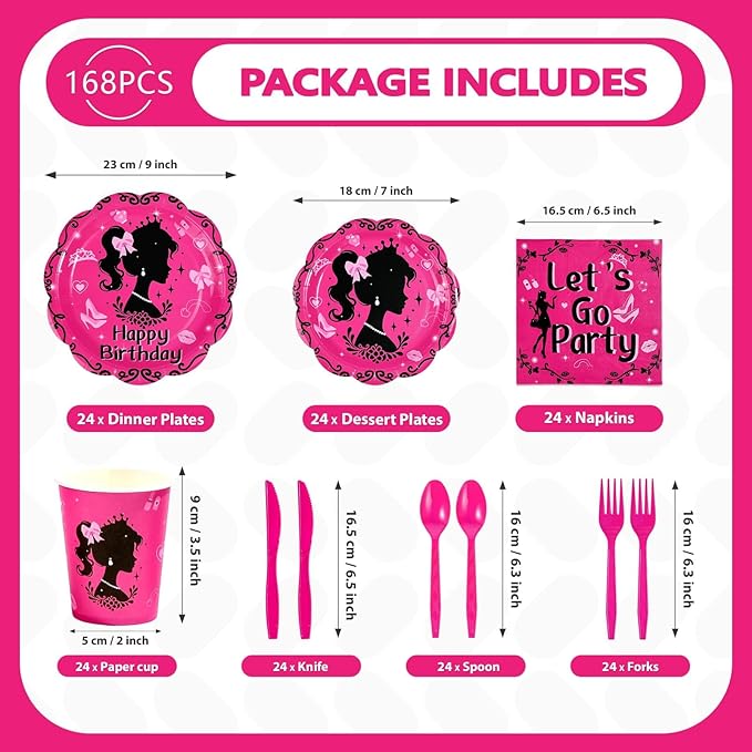 168Pcs Hot Pink Birthday Party Supplies Set Black Fashion Girl Plates and Napkins Cute Princess Decorations Tableware Set for Birthday Disco Party Supplies，Serves 24