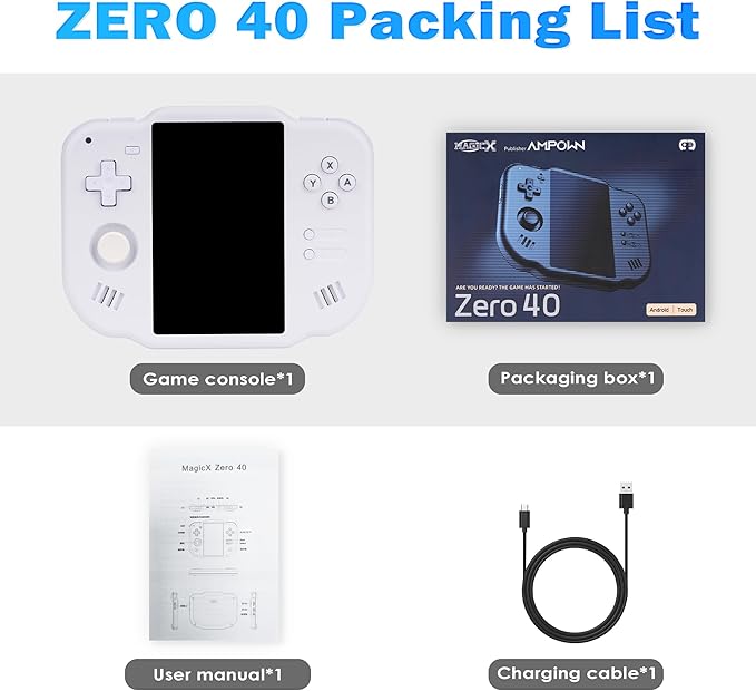 MagicX Zero 40 Retro Handheld Game Console 4.0 Inch IPS Screen 4300mAh Battery Linux and Android System Built-in 64G TF Card Handheld Fingerprint-Free Multi-Touch Portable Game Console(White)