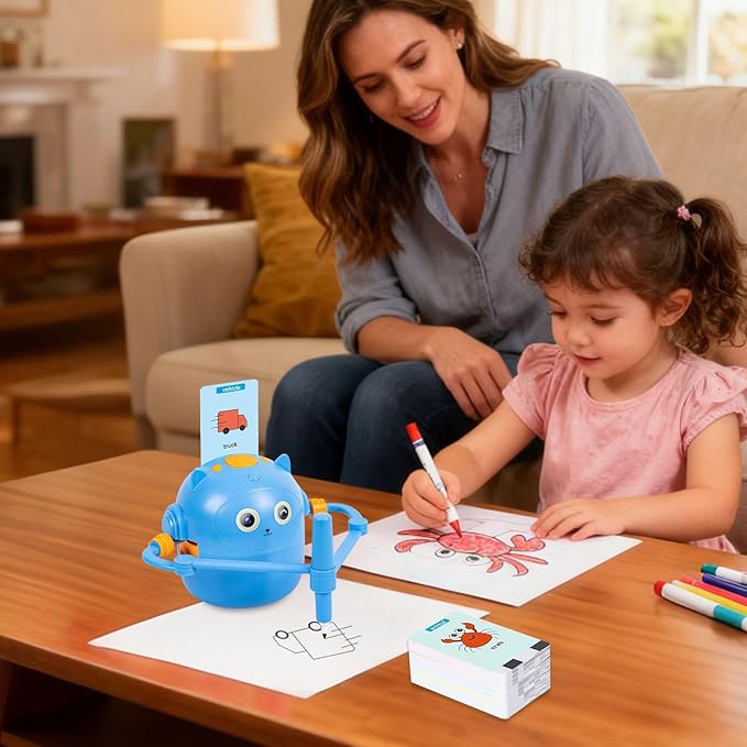 Drawing Robot for Kids, Interactive Kids Drawing Robot, Fun Drawings Robots Toy with Voice 100 Word Cards & 12 Color Pens, Educational Creatively Children Drawings Robots Painting Toy, for Boys Girls