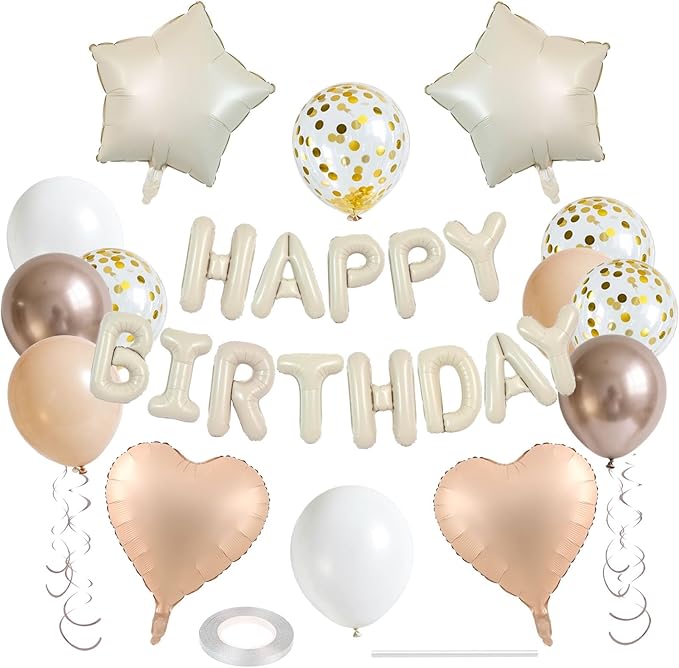 27 Pcs Beige Birthday Decorations, 3D Letters Beige Happy Birthday Balloon Banner, Pentagram Heart Foil Balloons Confetti Balloons Kit For Boys Girls Party Supplies
