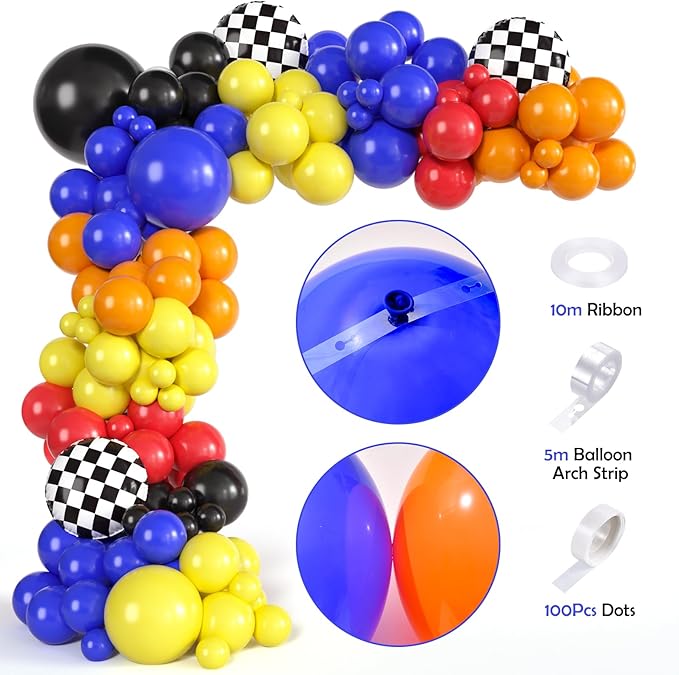 131 Wheels Race Car Birthday Party Decorations Supplies, Racing Red Blue Yellow Black Balloons Garland Arch Kit Backdrop Tablecloth Checkered Foil Balloons, Boy Kid Girl Cars Party Decor
