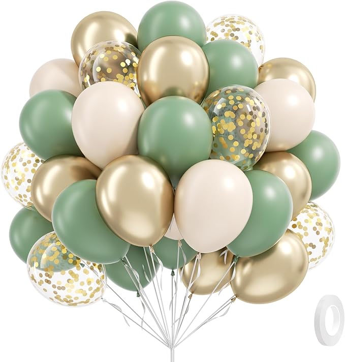 Sage green Balloons, 60pcs 12inch Sage green Sand White Metallic Gold Confetti Balloons for Boho Birthday Wedding Bridal Baby Shower Engagement Party Decorations