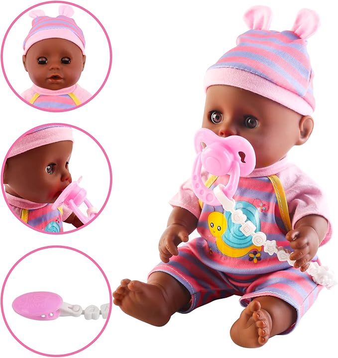 deAO Black Baby Doll Set - Mobile, High Chair, Stroller & Feeding Accessories - 21 Piece Play Set (Doll Included)