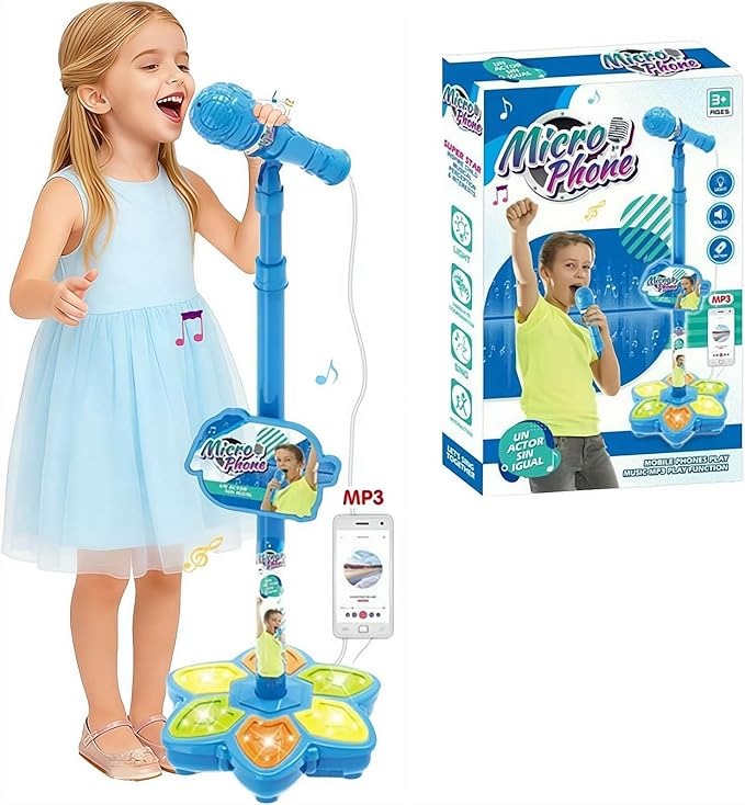 Adjustable Kids Karaoke Microphone with Stand, Extends up to 39.4” Height, Detachable Handheld Mic with LED Light Base & Type-C Adapter, Compatible with Android/iOS/PC for Singing & Parties