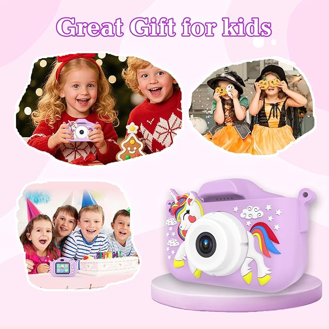 Kids Camera for 3-9 Year Old Boys Girls, Children Digital Camera with Cute Cartoon Soft Cover & 32GB SD Card, Best Christmas Birthday Gifts for Grandkids, Halloween Party Favors for Kids - Purple