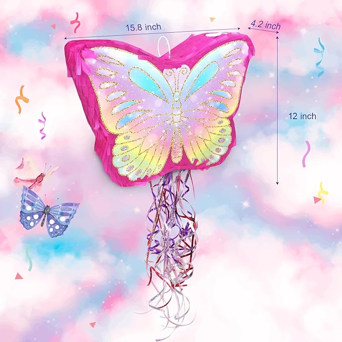 KiDEPOCH Butterfly Pinata for Birthday Party Supplies Colorful Pull String Butterfly Pinata for Girls Butterfly Themed Party Decoration, Small Pinata Party Supplies(16 x 12.6 x 4.2 In), Dark Pink