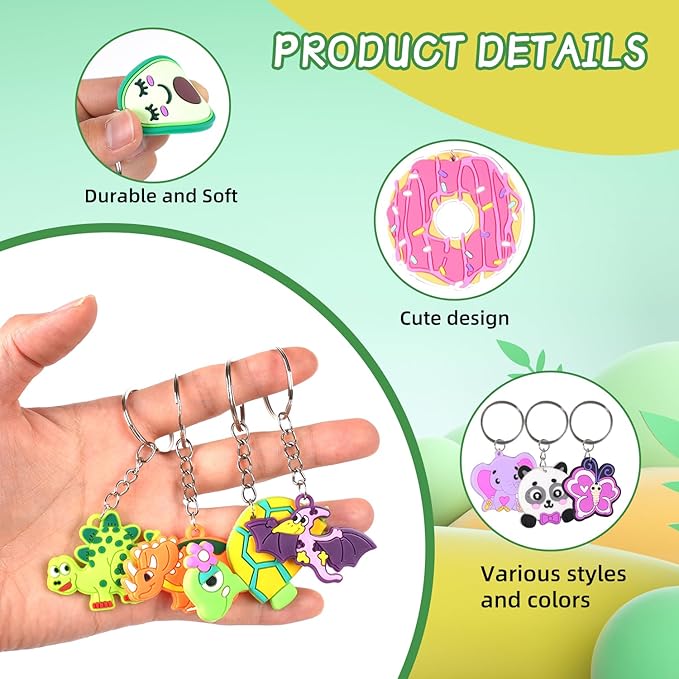 65 PCS Cute Keychain for Kids Party Favors With Video Game Animal Mermaid Dinosaur Ball Donut Fruit Gift School Prize Goodie Bag Stuffers Birthday Party Supplies